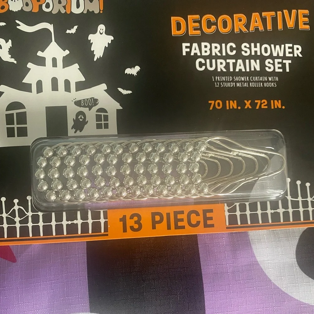 Booporium Decorative Fabric Skulls and Stars Shower Curtain with Hooks 13 pc Set